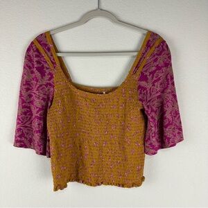 NEW Free People Gold Purple Golden Combo Marigold Jersey Sleeves Top Size Medium